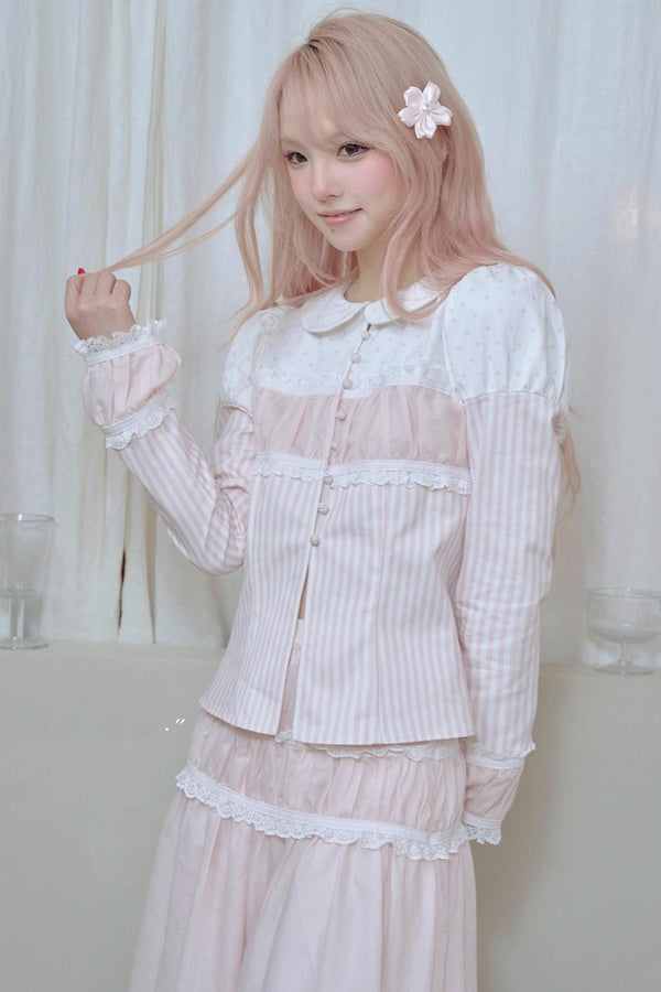 Doll Collar Stripe Lace Top