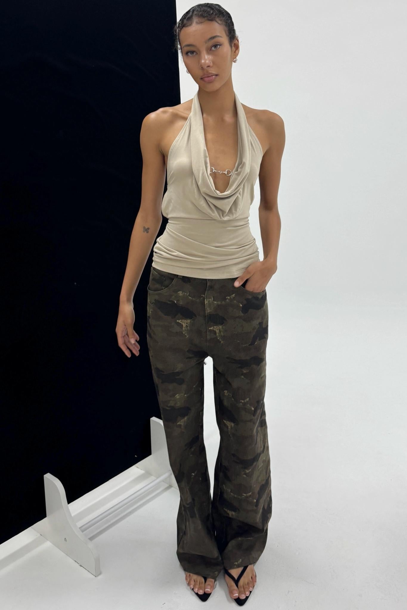 Chain-Tie Halterneck Swing-Neck Camisole Top