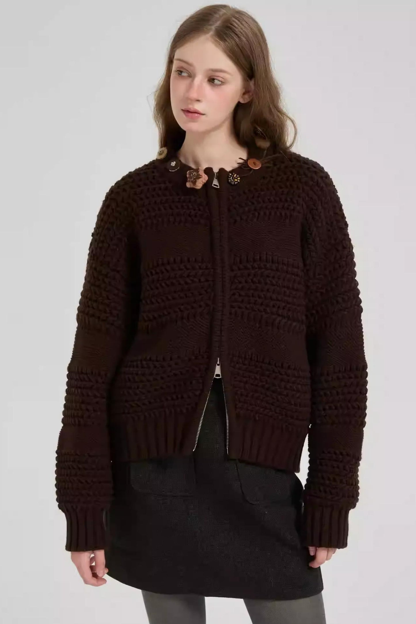 Brown Zipper Cardigan