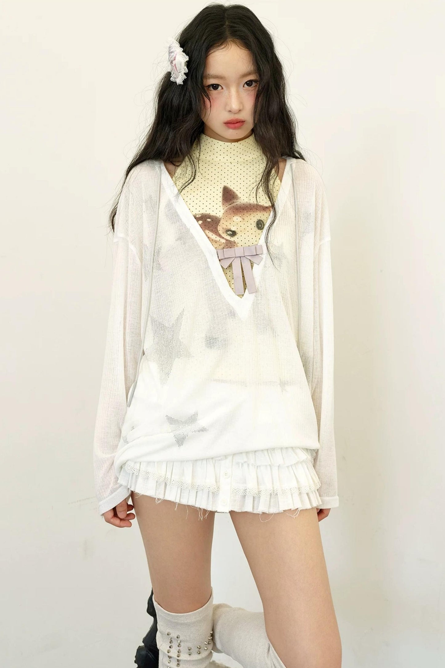 Rhinestone Bowknot Mesh Top