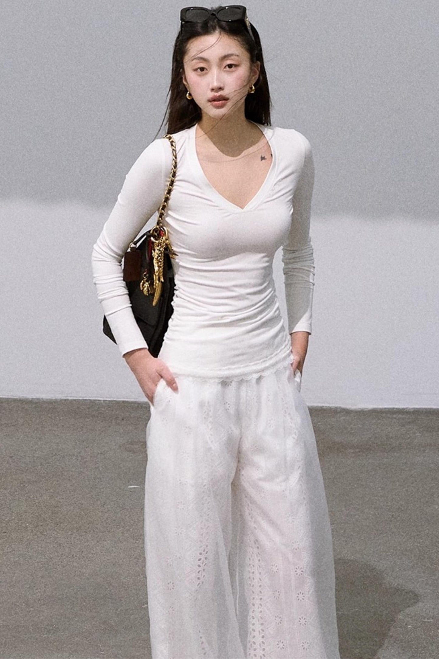 Shimmer Cotton Wide-Leg Pants