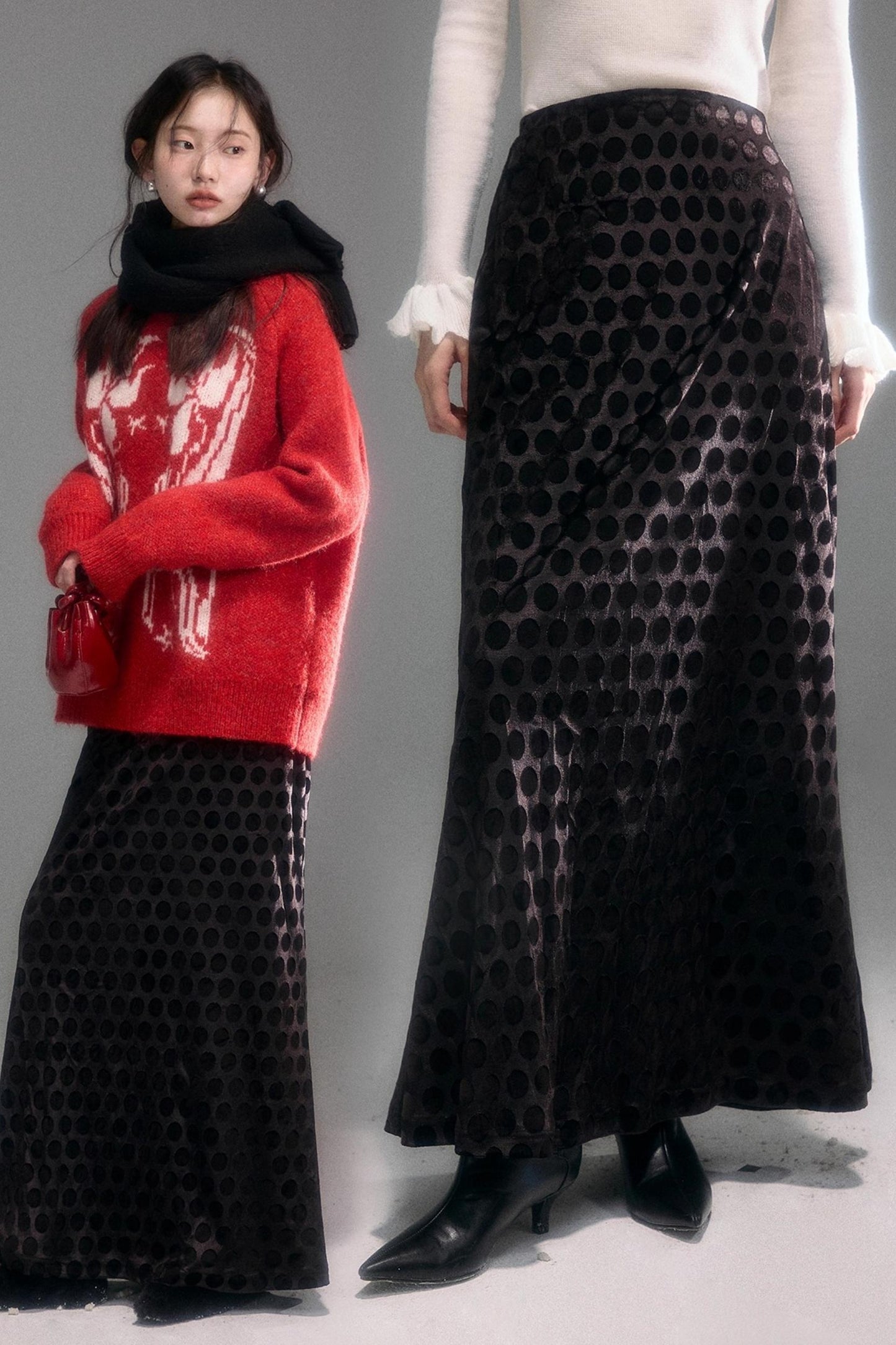 Retro Polka Dot Velvet Skirt