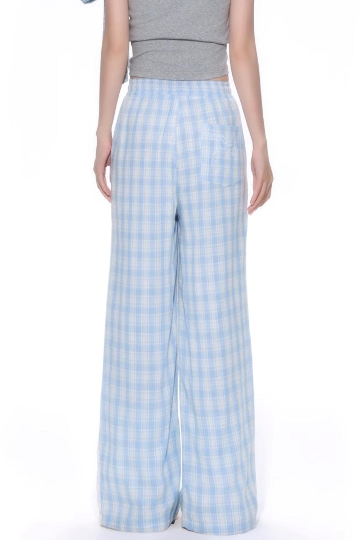 Blue Lace-Trimmed Wide-Leg Pants