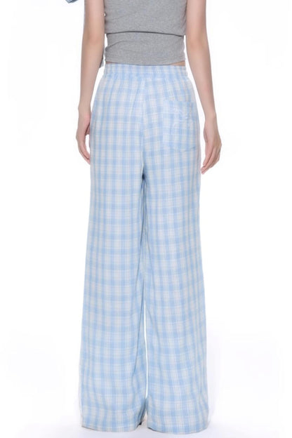 Blue Lace-Trimmed Wide-Leg Pants