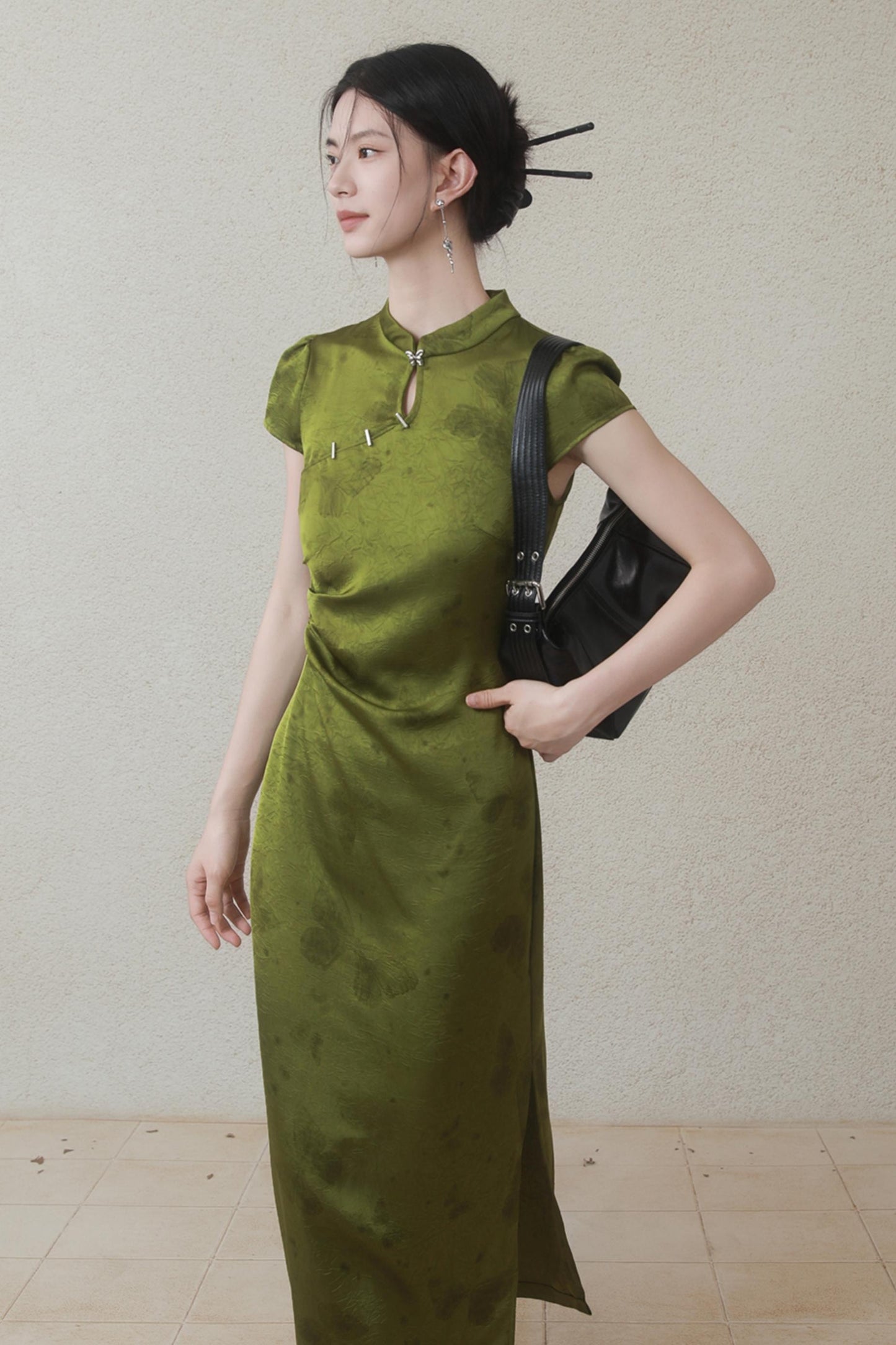 Summer Green Satin Cheongsam Dress
