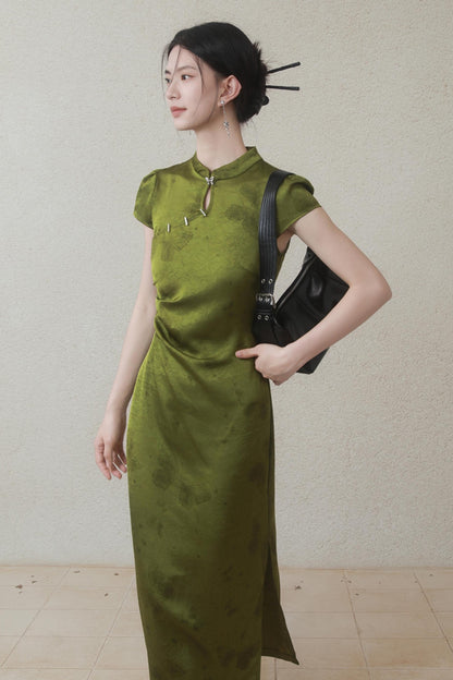 Summer Green Satin Cheongsam Dress