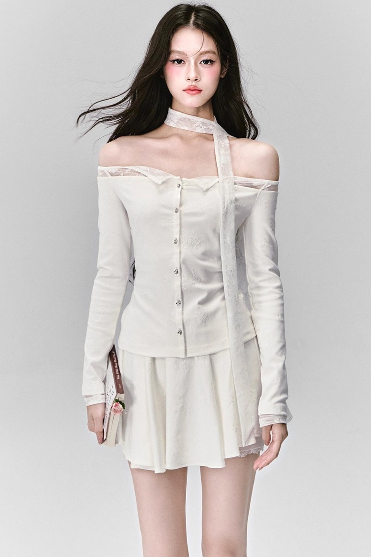 White Moonlight Lace Embroidered Top Skirt Set-Up