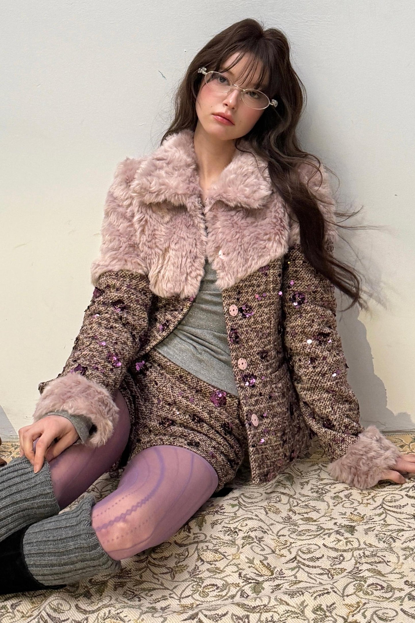 Retro Chic Purple Sequin Tweed Suit Set-Up