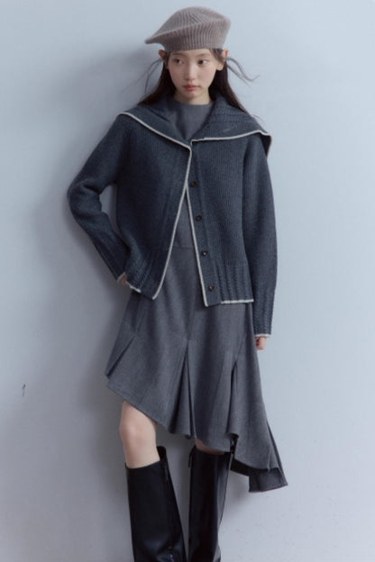 Navy Collar Twisted Rope Woolen Cardigan