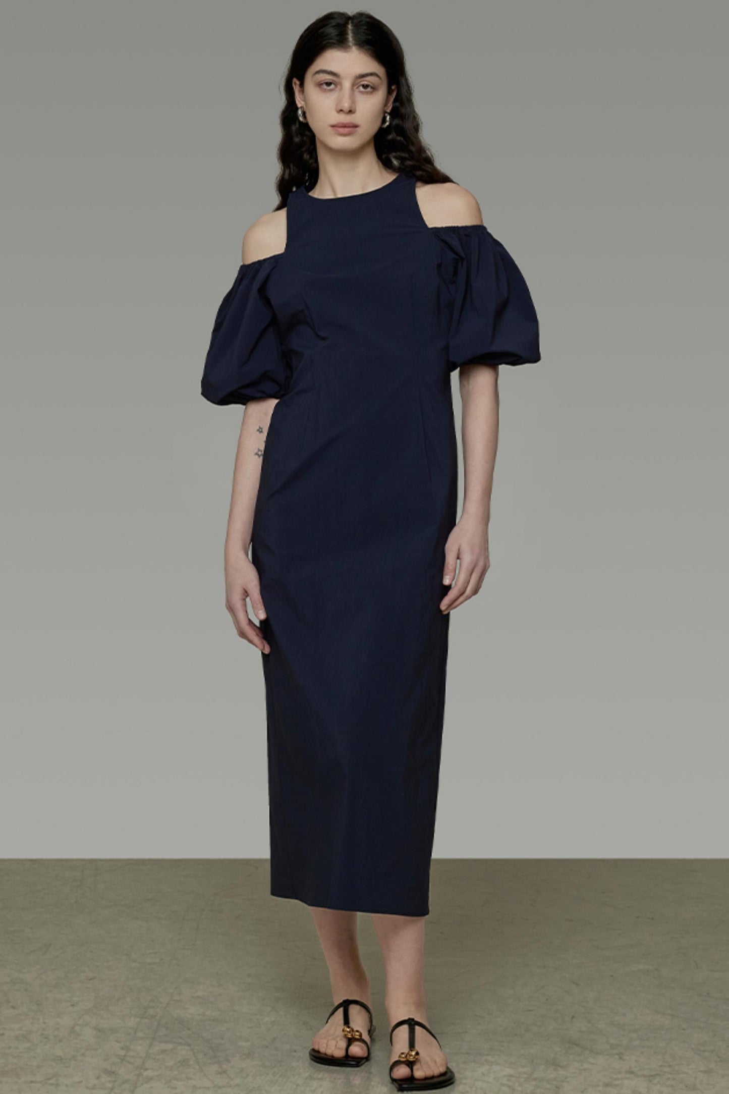 Navy Slim Bubble Sleeve Maxi Dress