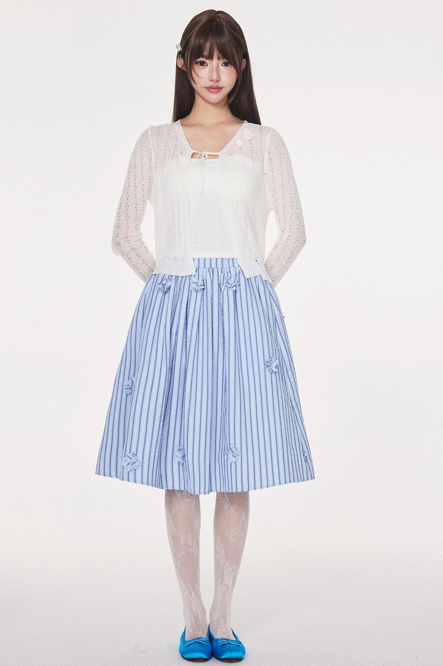 Blue Striped Flower Silhouette Skirt