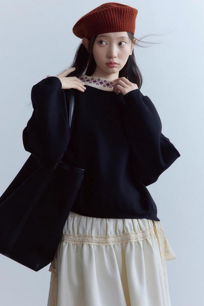 Black Wool Lace Collar Sweater