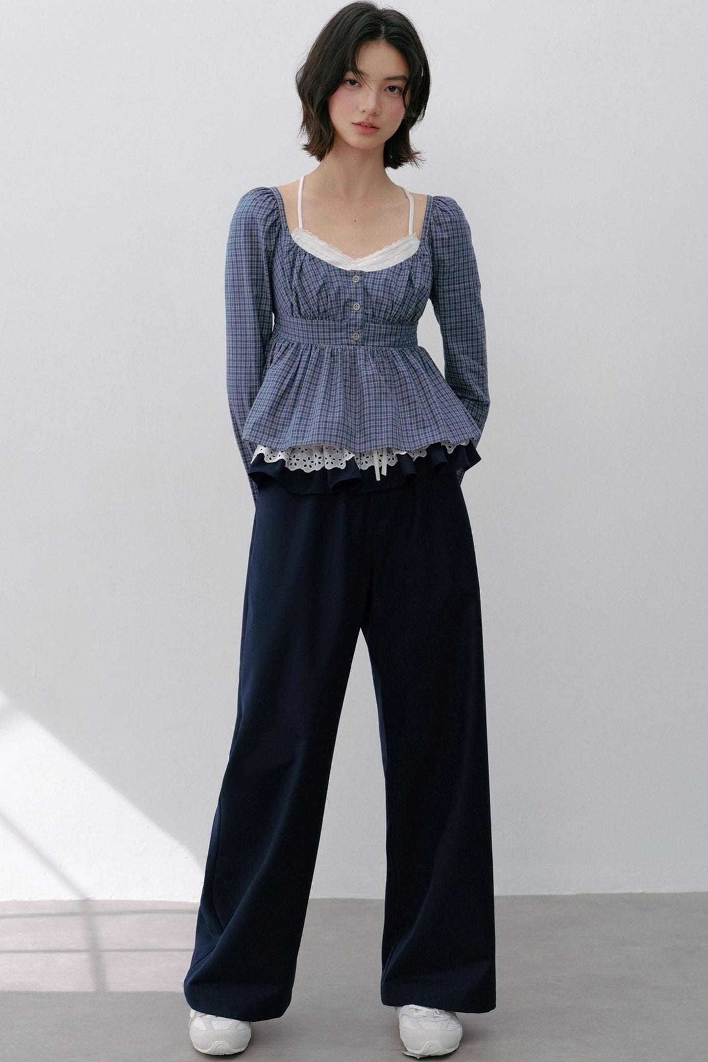 Vintage Navy Blue Check Cinched Shirt