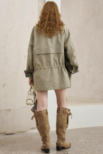 Contrast Windproof Drawstring Midi Trench Coat