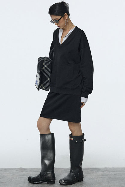 Black Elastic Waist Winter Skirt