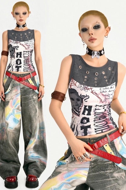Graffiti Print Patchwork Top