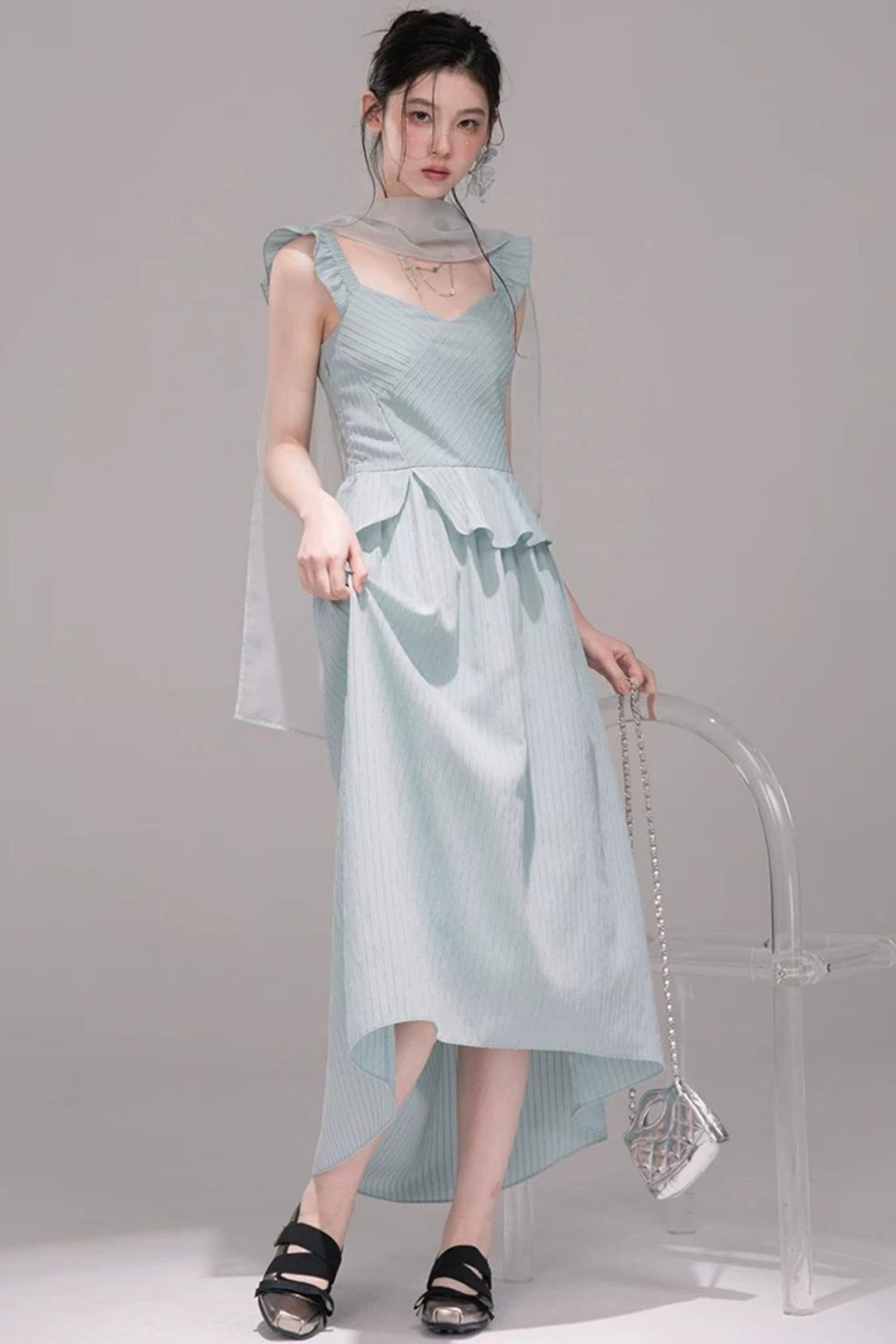 Light Teal Sheer Ribbon Dress Set