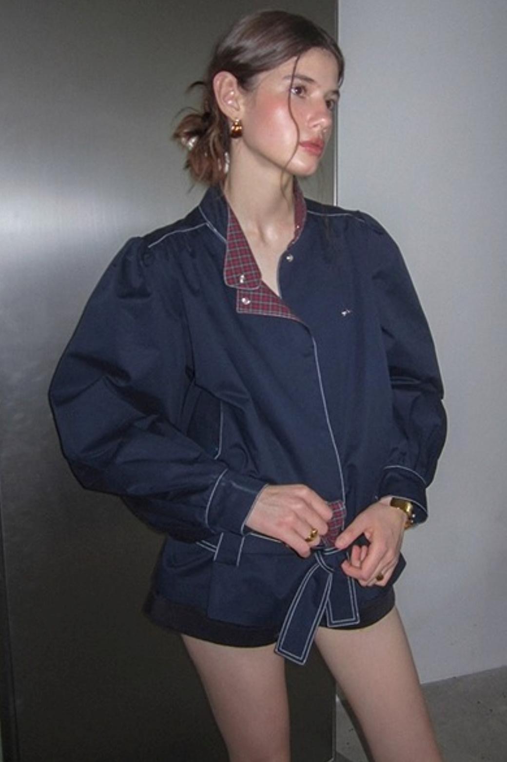 Vintage Navy Blue Patchwork Check Jacket