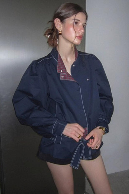 Vintage Navy Blue Patchwork Check Jacket