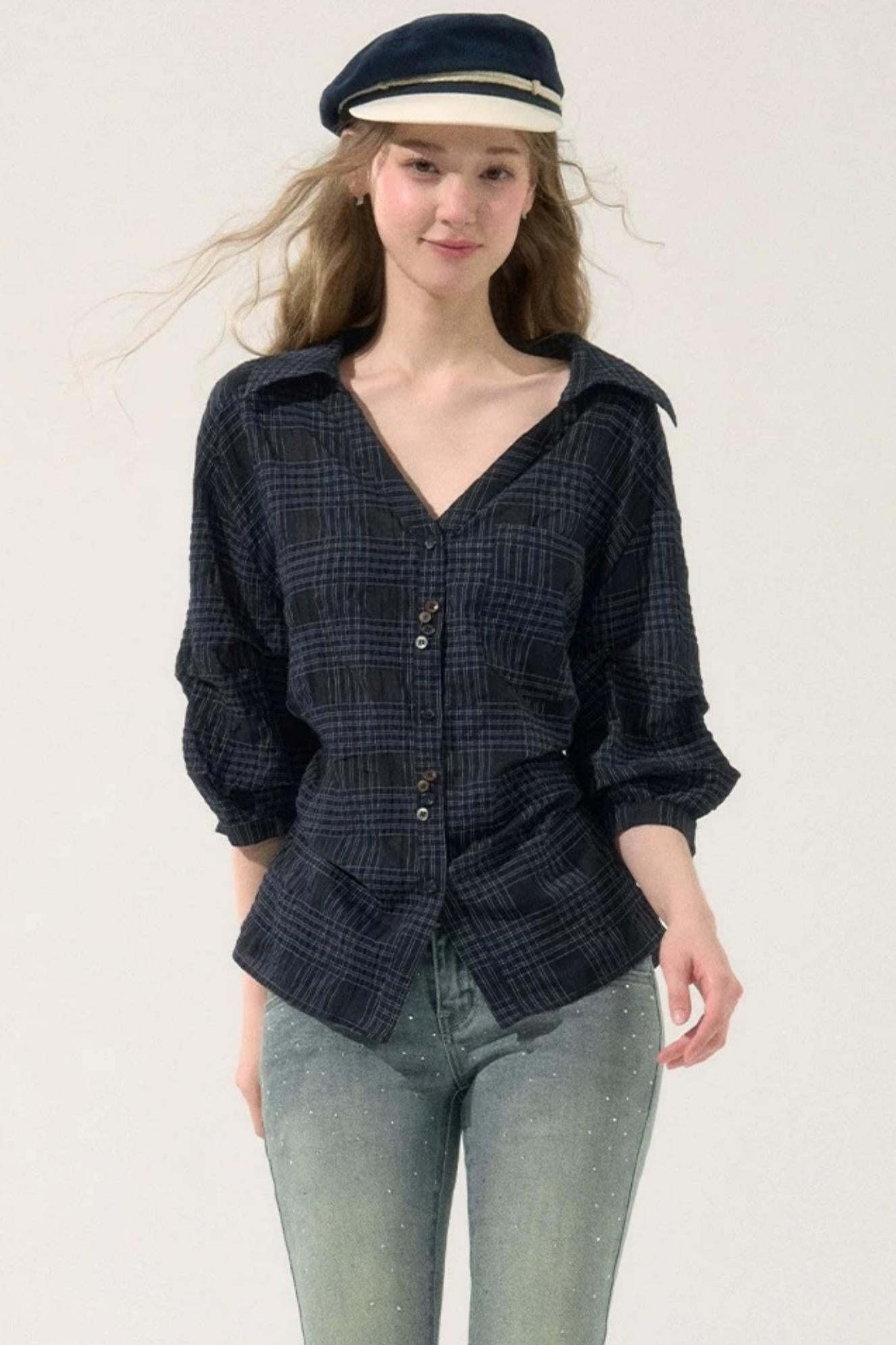 Sweet Plaid Mid-Sleeve Blouse