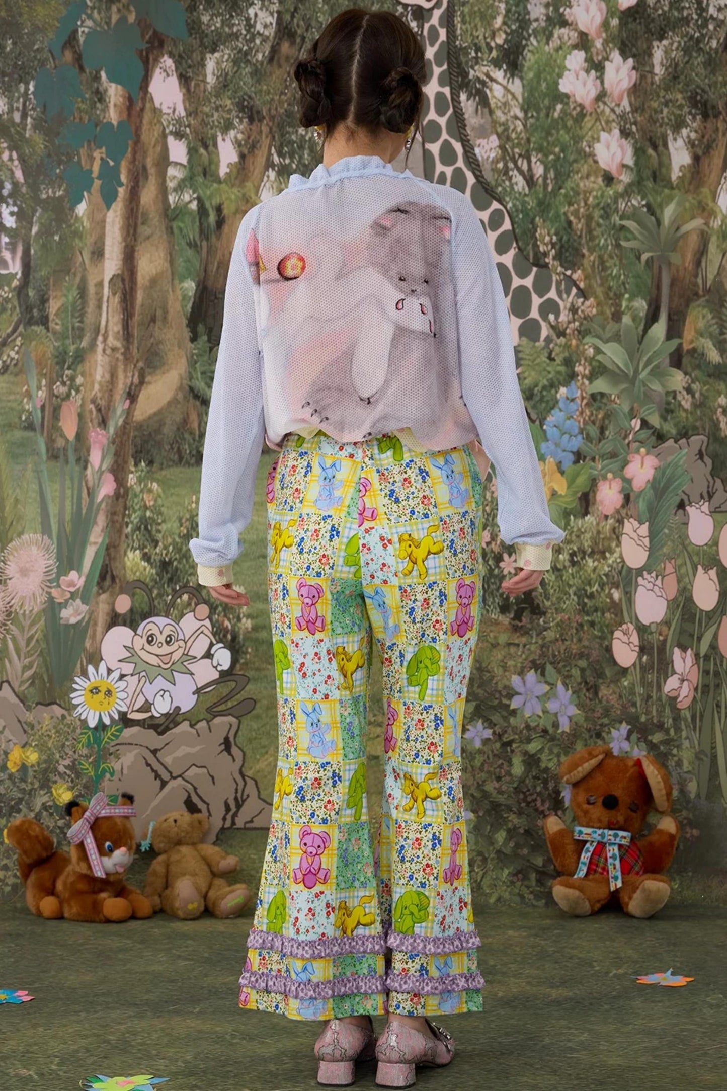 Elastic Floral Cotton Flared Pants