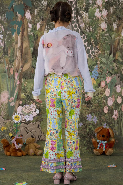 Elastic Floral Cotton Flared Pants