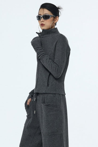 Gray Zipper Slim-Fit Top & Pants Set-Up