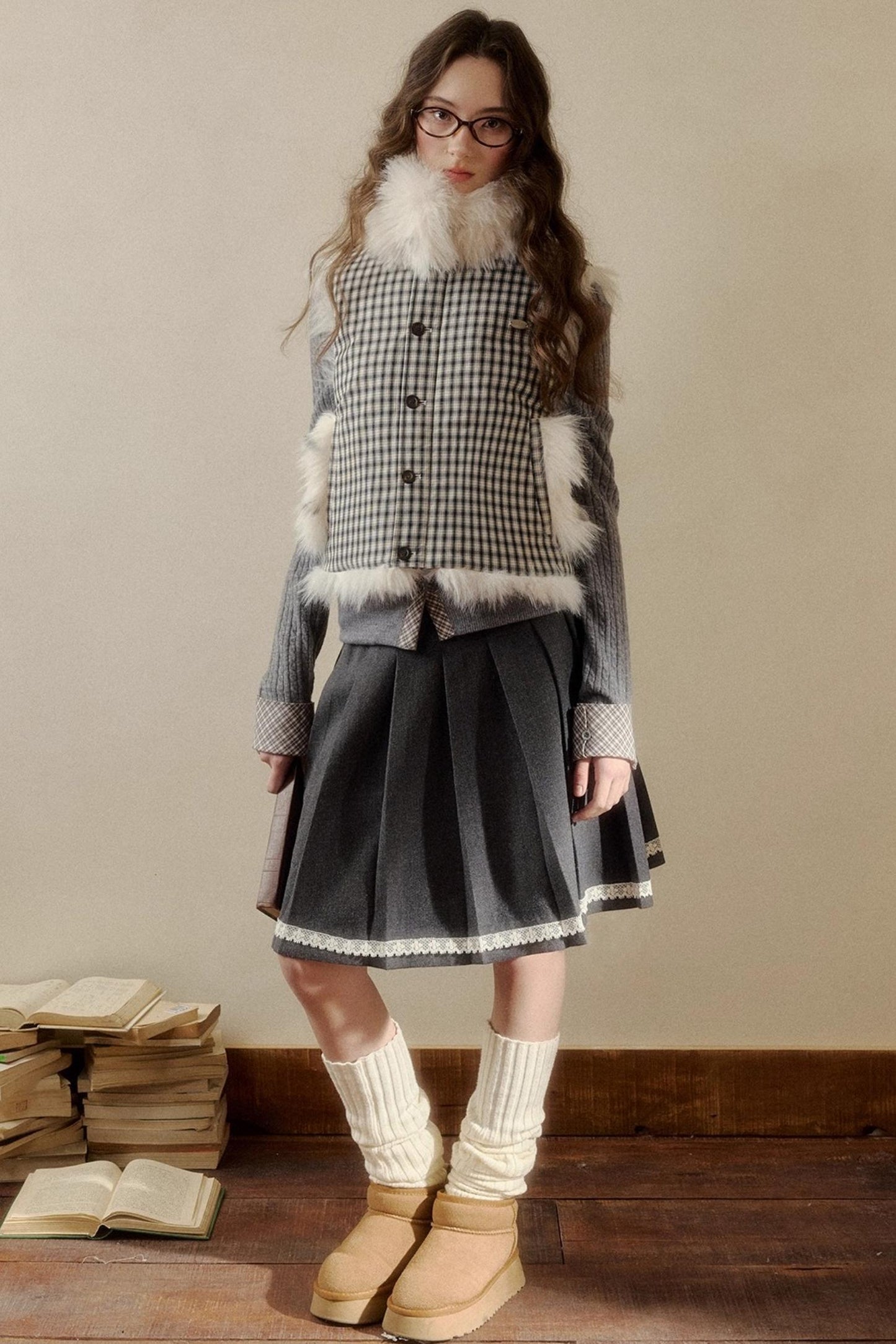 Polka Dot Plaid Fur Coat