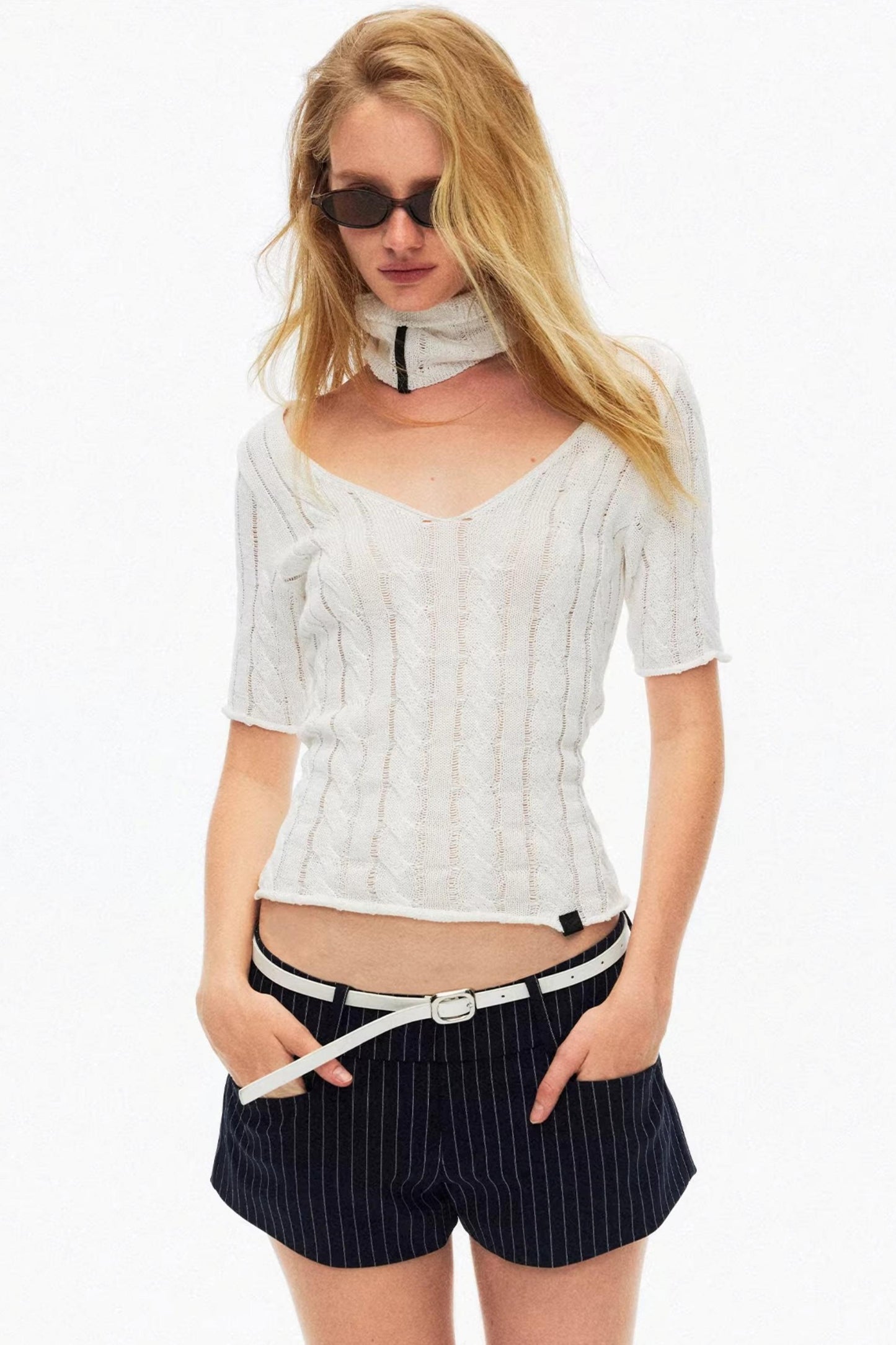 Chic off-white hollow-out cable knit top with matching choker detail