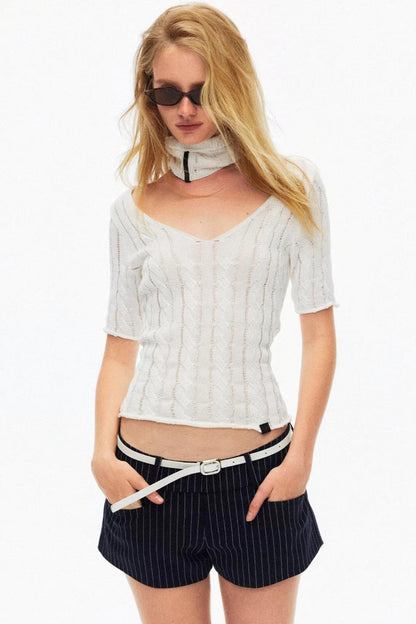 Chic off-white hollow-out cable knit top with matching choker detail