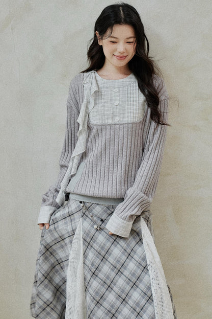 Gray Patchwork Ruffled Knitted Top