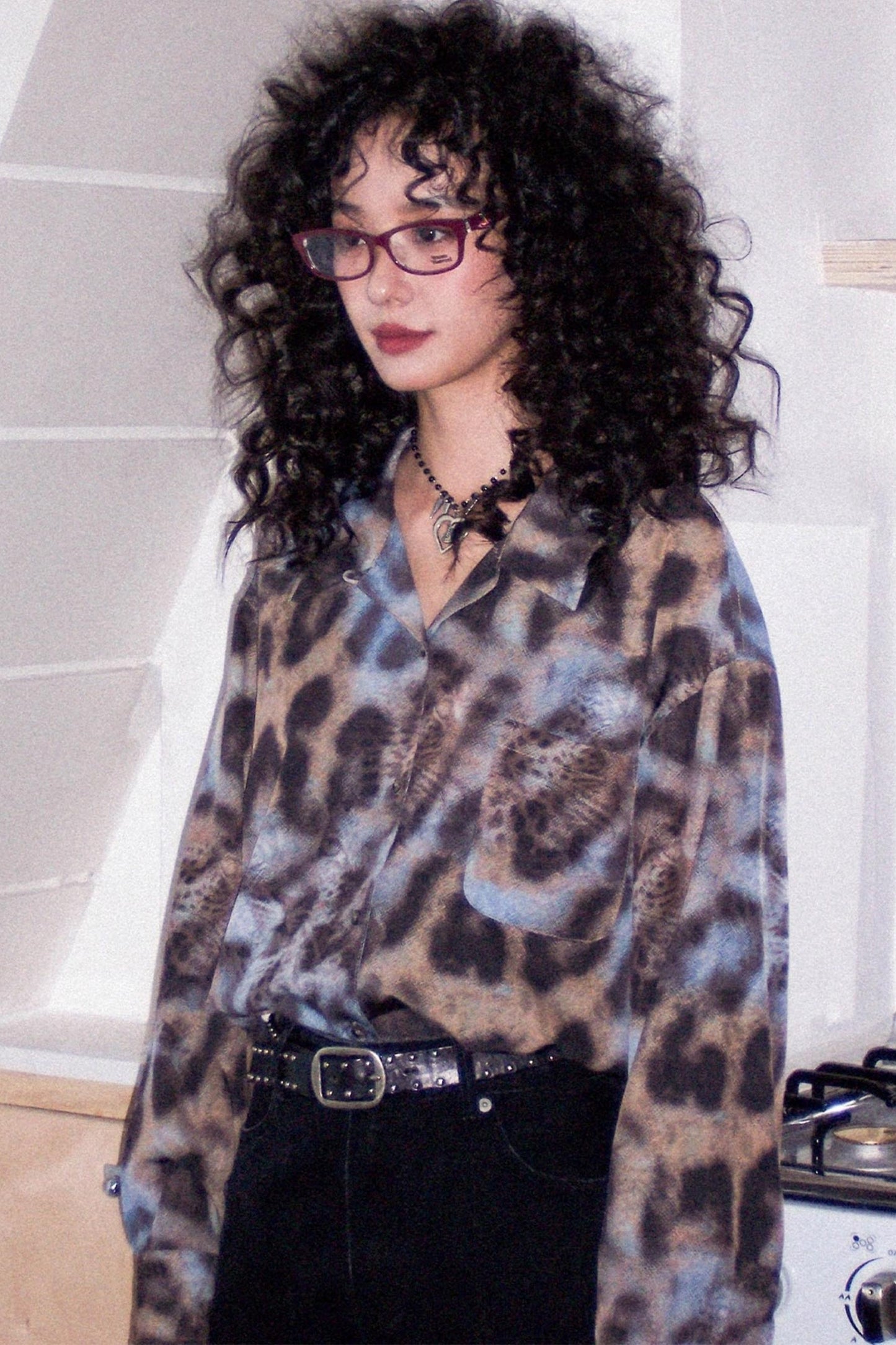 Vintage Leopard Print Cuban Collar Long-Sleeved Shirt