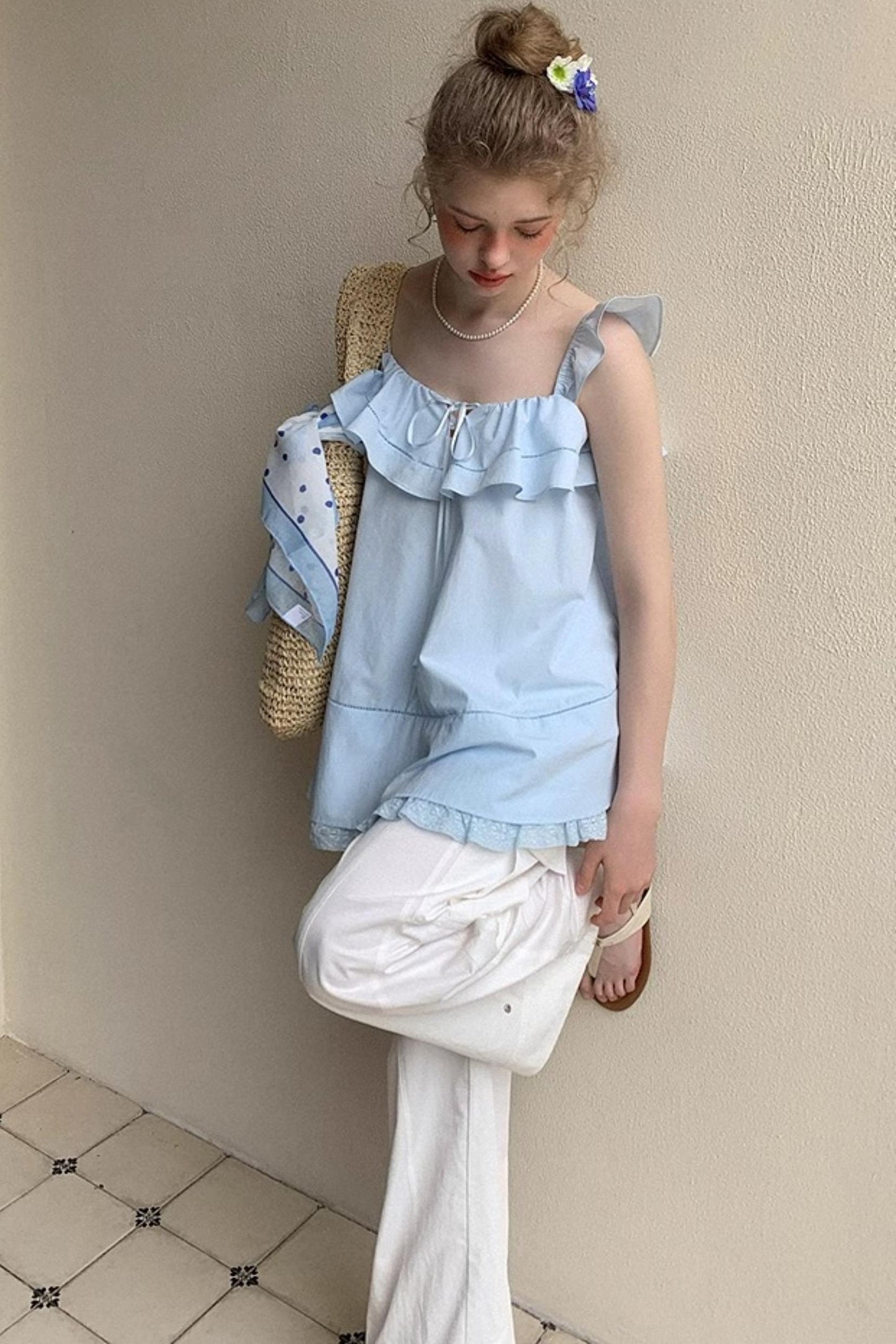 Blue Lace V-Neck Doll Top