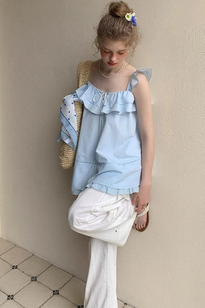 Blue Lace V-Neck Doll Top