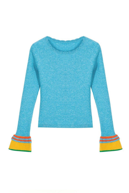 Blue Stripe Bell Sleeve Sweater