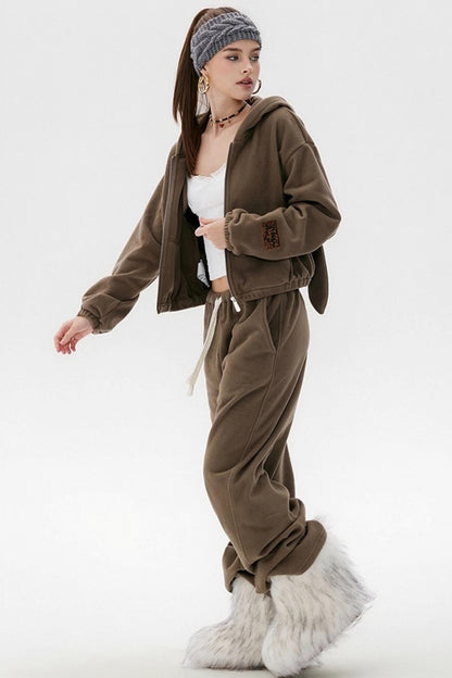 Khaki Fleece Bunny Ear Cardigan Set-Up
