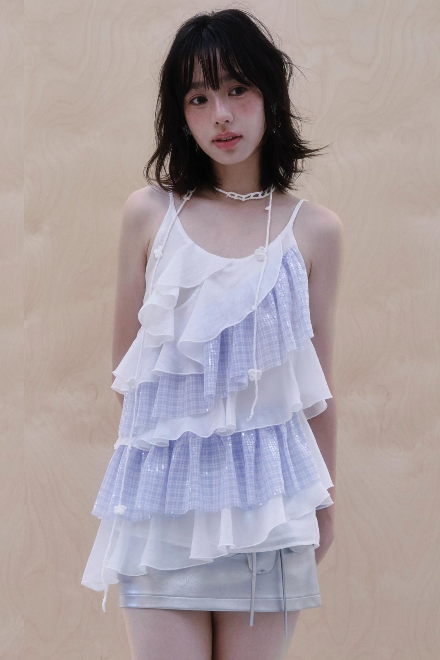 Blue Checkered Chiffon Ruffled Top