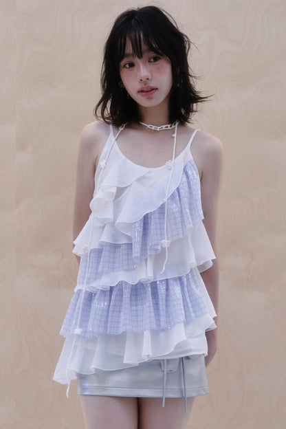 Blue Checkered Chiffon Ruffled Top