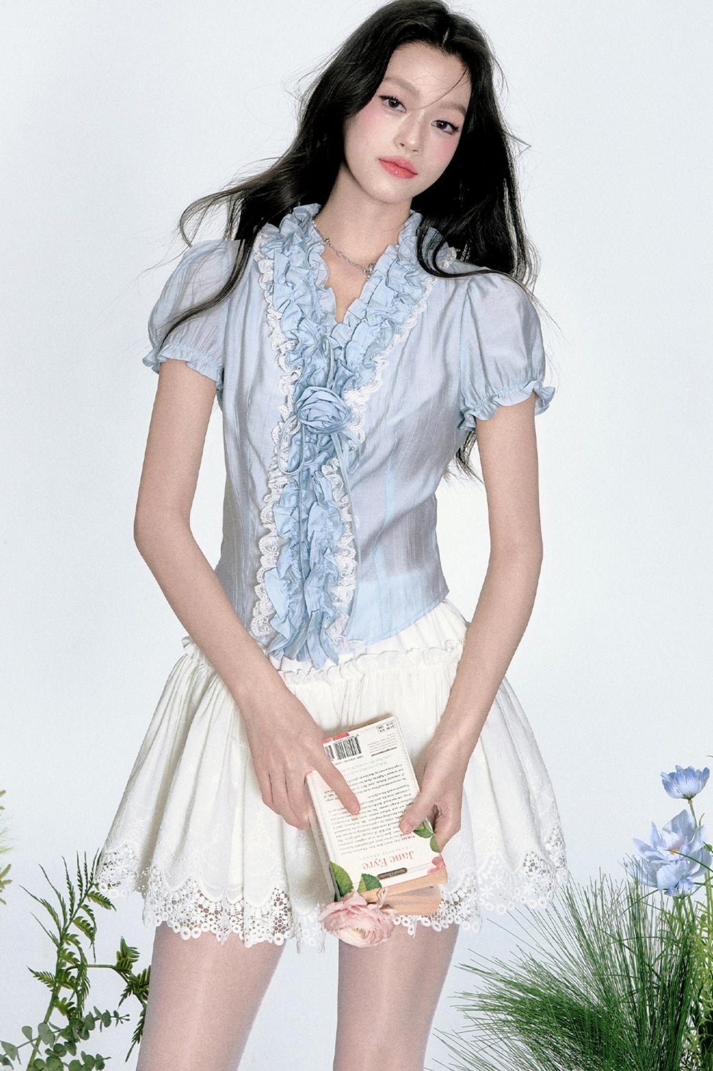 Gray Blue Floral Pleated Blouse