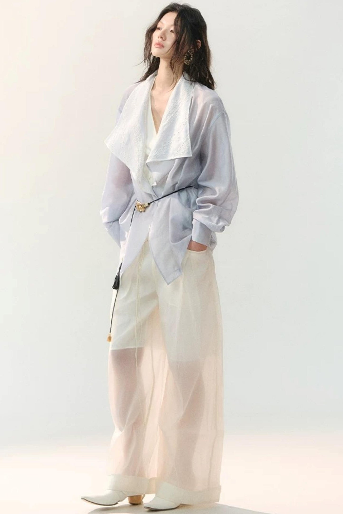 Folded Embroidery Plant Texture Shirt Set