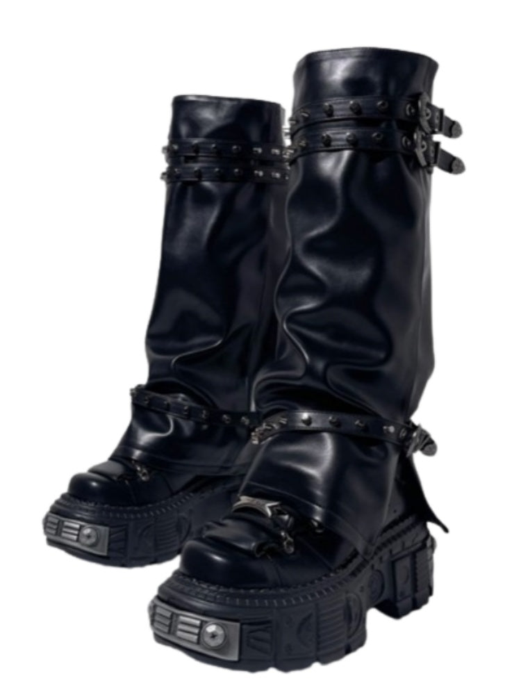 Y2K Retro Punk Style Eyelet Triple Belt Volume Sole Long Tube Boots