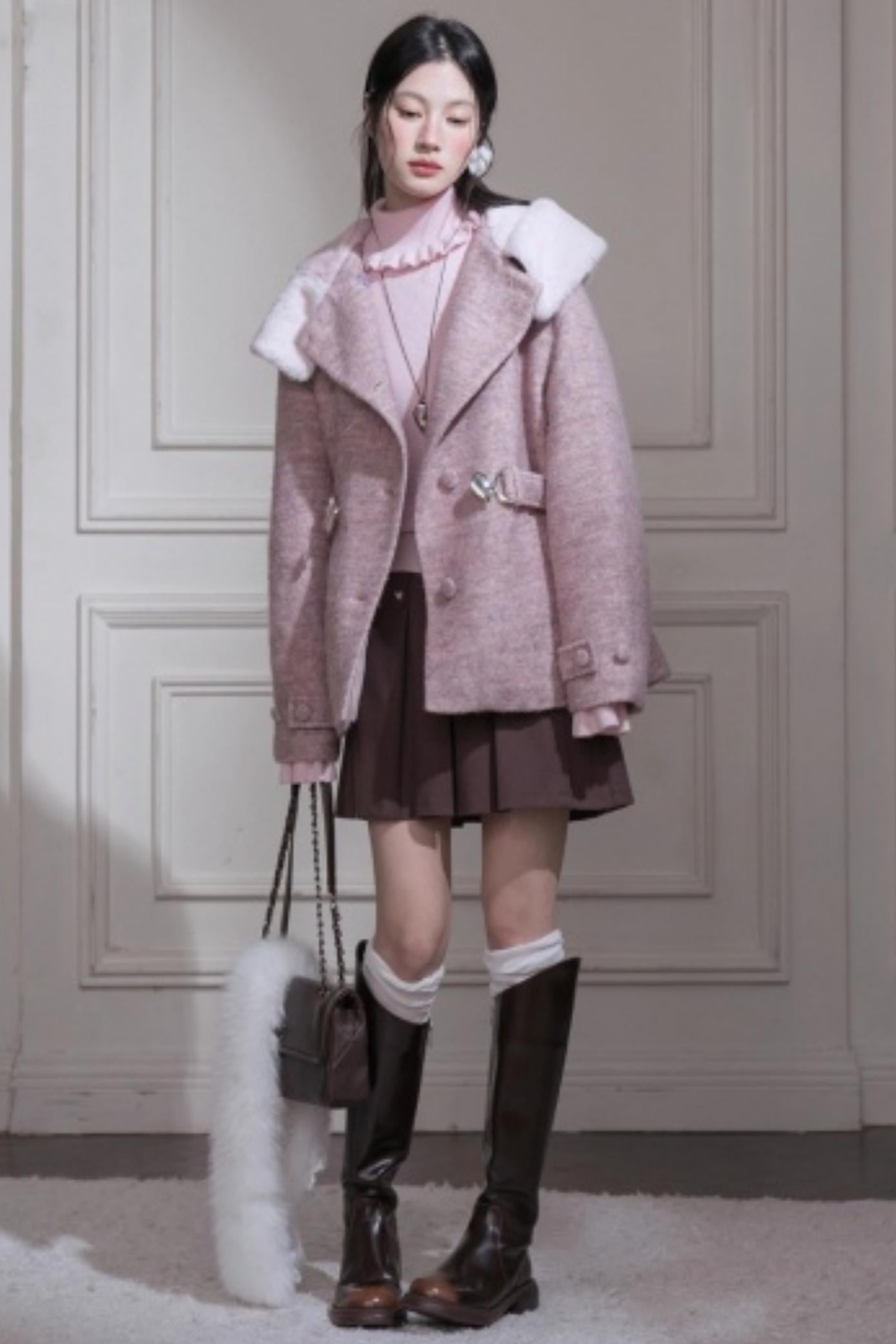 Cream Pink Quilted Woolen Coat