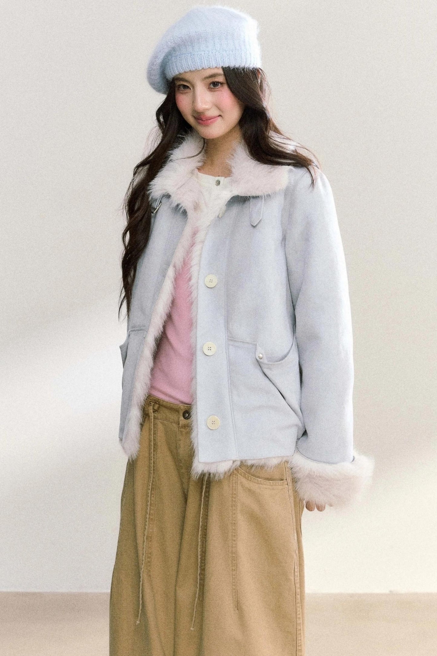 Suede Rivet Fur Collar Lapel Jacket