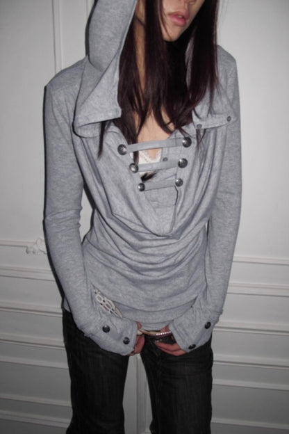 Hooded Metal Buckle Knit Top