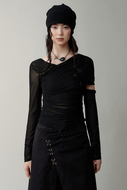 Asymmetrical Sheer Mesh Pleated T-Shirt