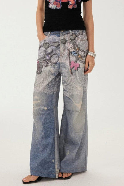 Blue Chain Detail Wide-Leg Straight Denim Pants