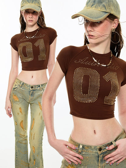 Rhinestone Numbers Cropped Tee