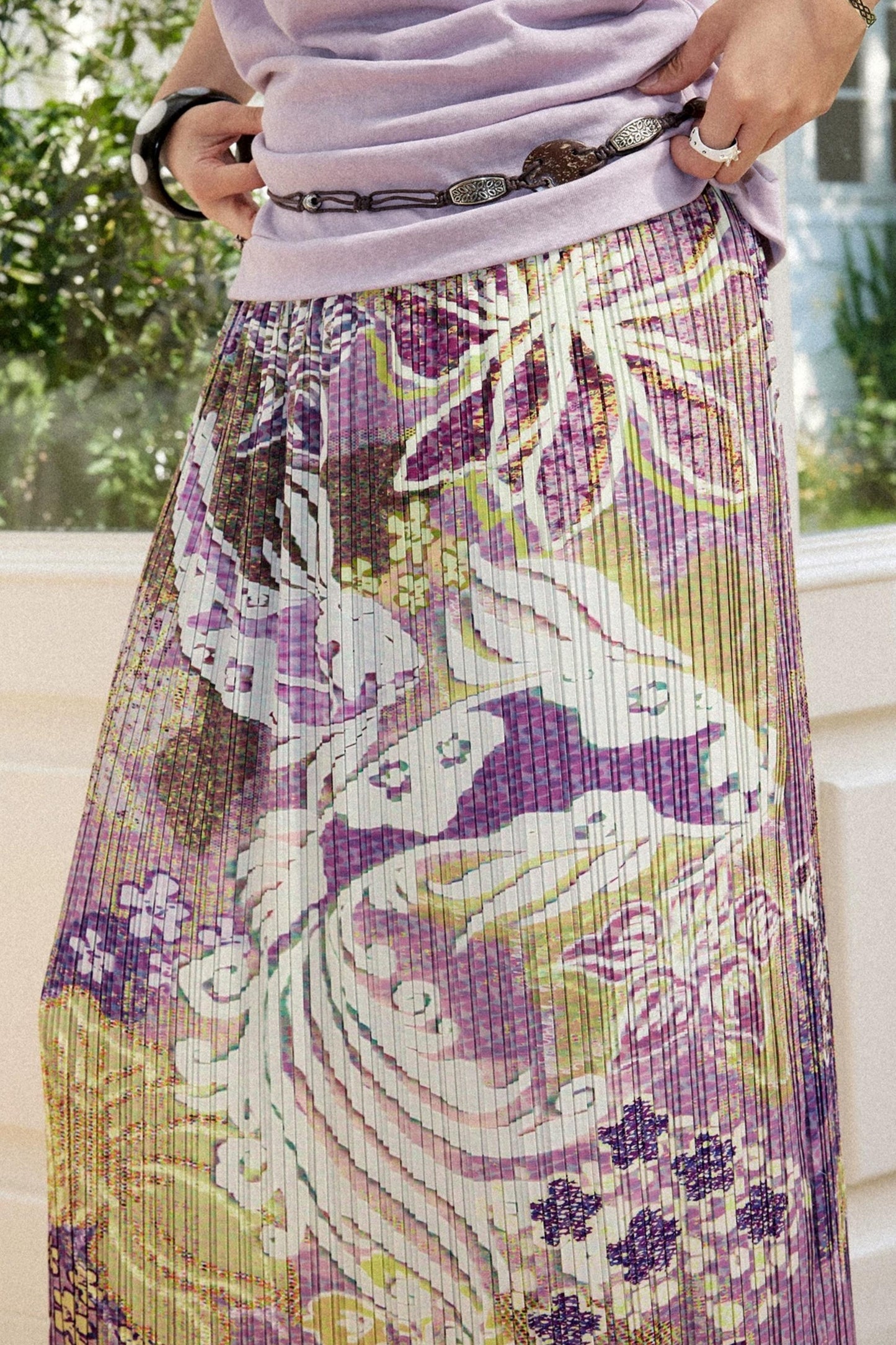 Pleated Satin Floral Skirt