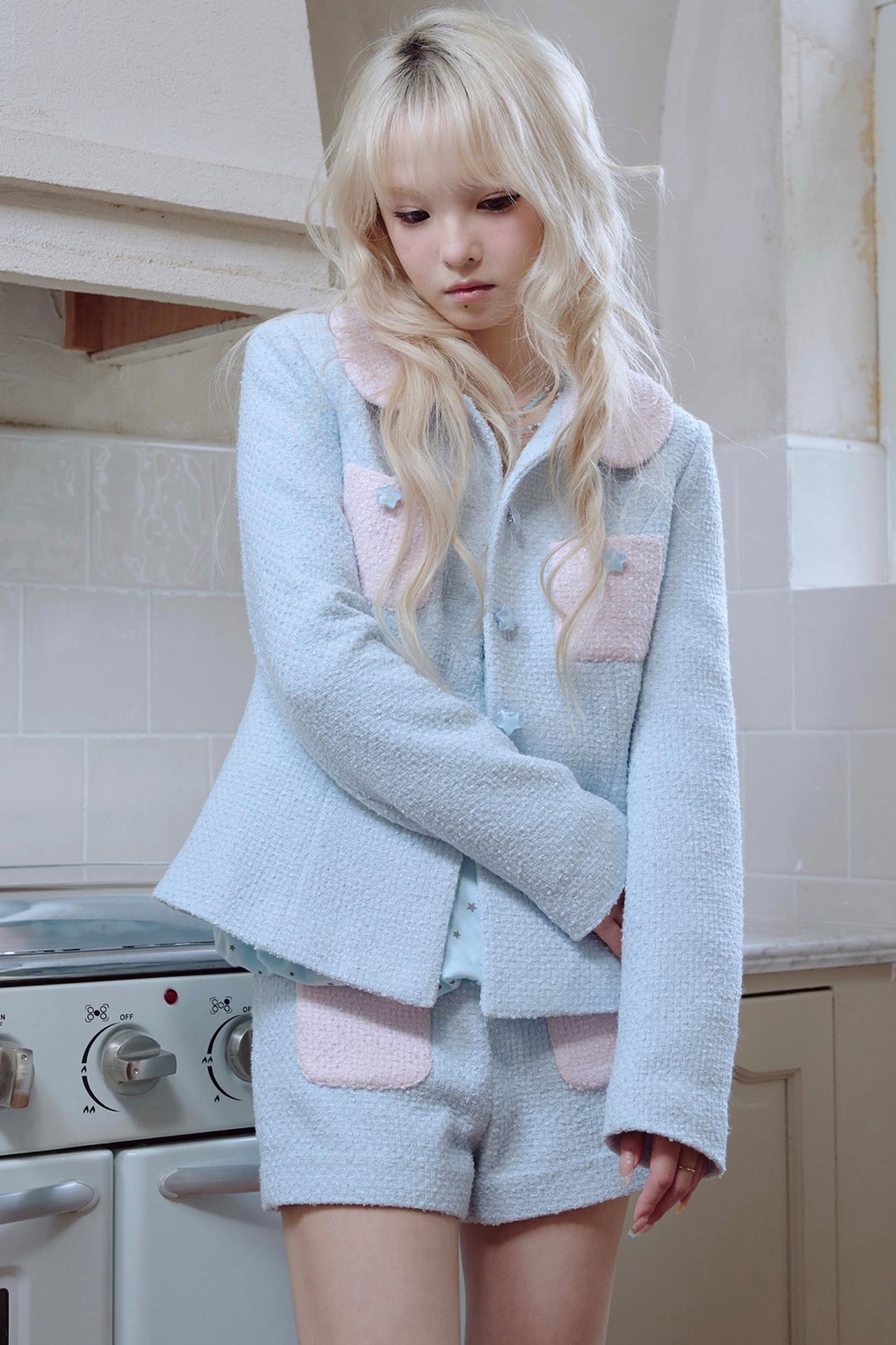 Star Button Tweed Jacket Set-Up