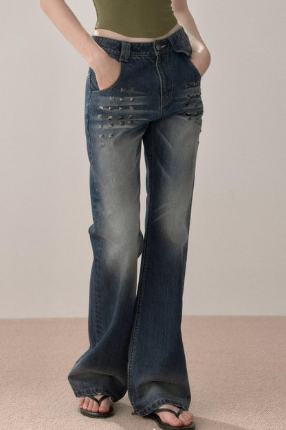 Retro Studded Rhinestone Jeans